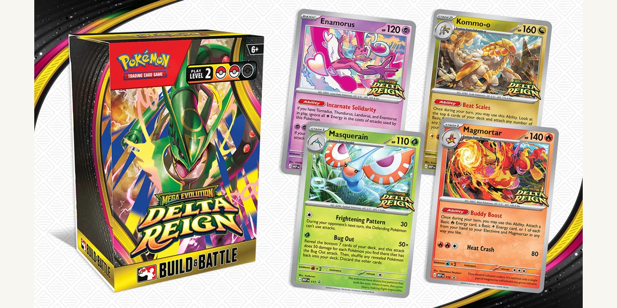 Official Delta Reign Build & Battle Box with Masquerain, Magmortar, Enamorus and Kommo-o promo artwork