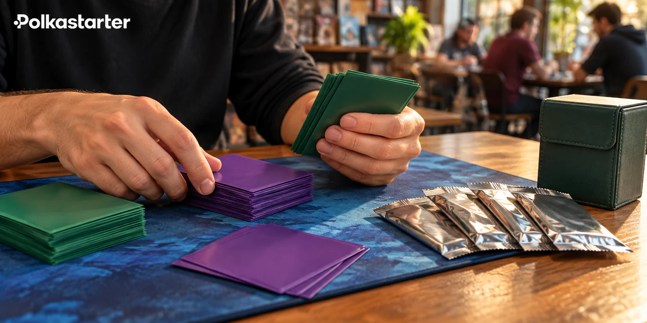 Adult hands arranging green and purple sleeved cards beside foil packets at an illustrated card-game venue
