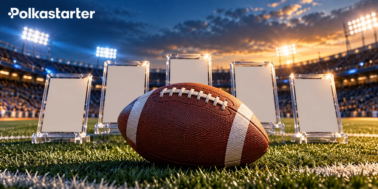 Illustrated American football on stadium turf beside plain-backed collectible-card displays