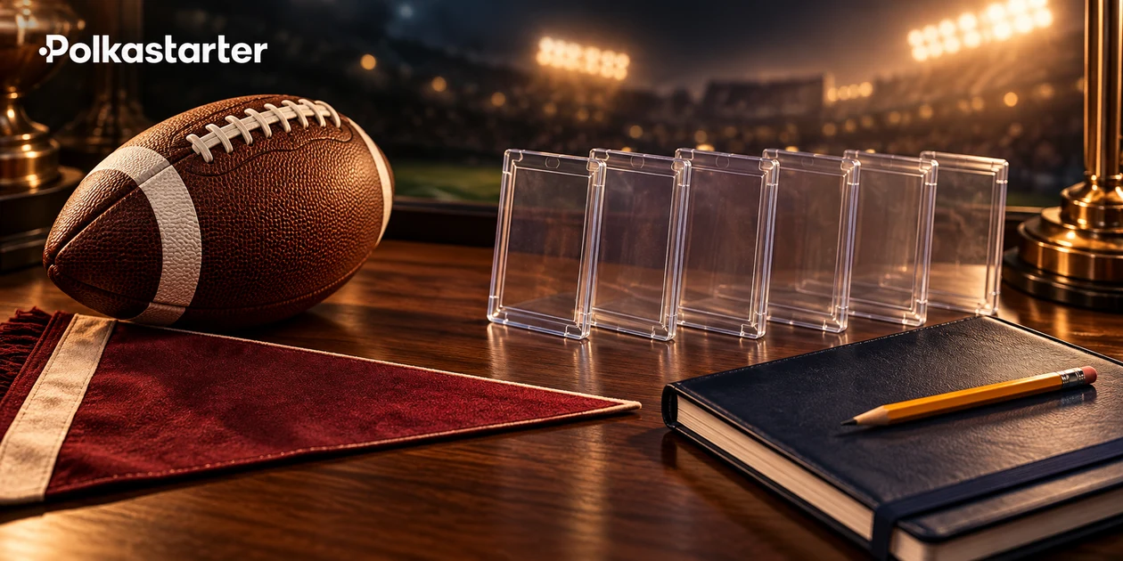 Illustrated football collecting desk with a pennant, empty card protectors, notebook and pencil