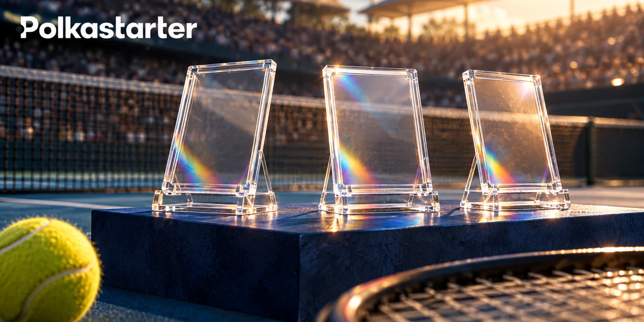 Illustrated empty trading-card stands with refractive light beside a tennis court
