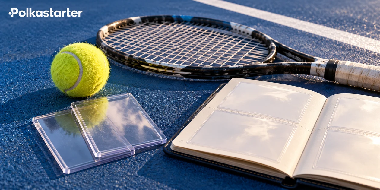 Illustrated tennis racket and ball beside clear card protectors and an open collector binder on a blue court