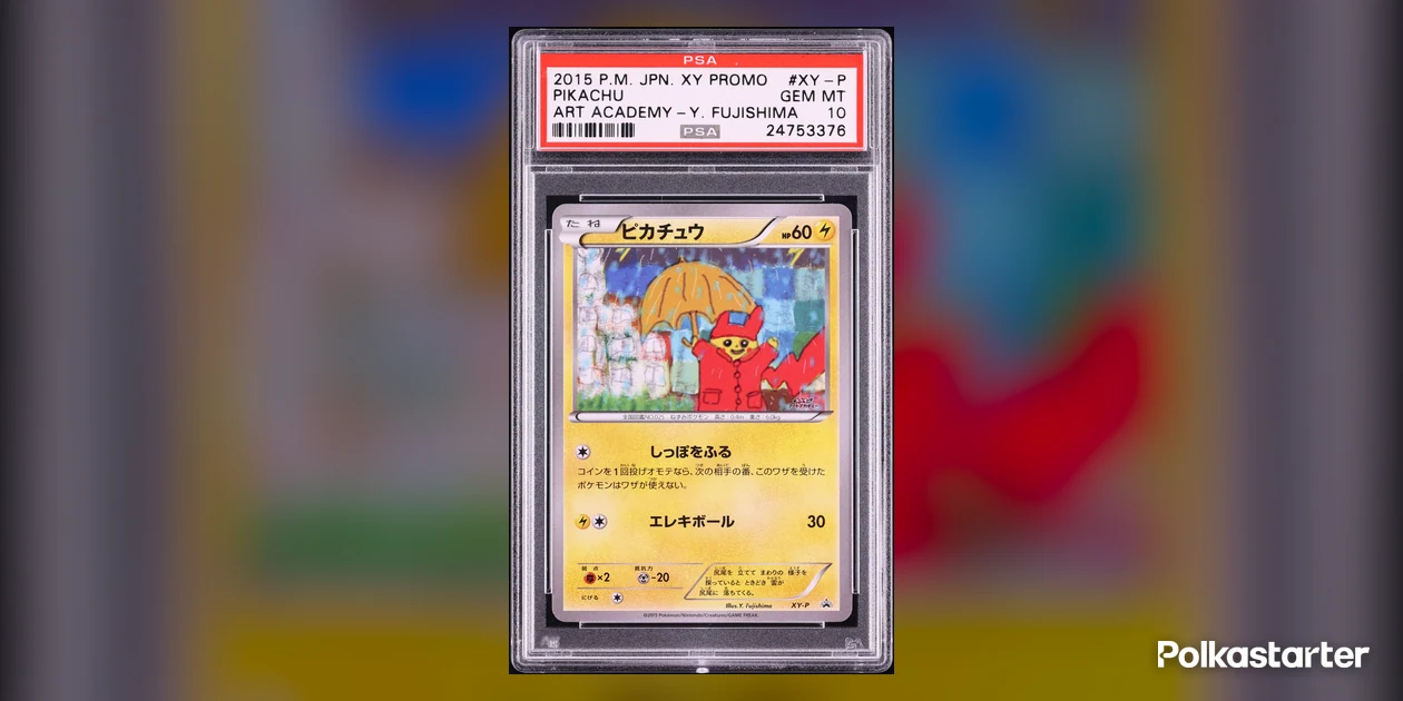 PSA 10 Gem Mint 2015 Japanese Art Academy Pikachu promo by Y. Fujishima, showing Pikachu in a red raincoat holding an umbrella