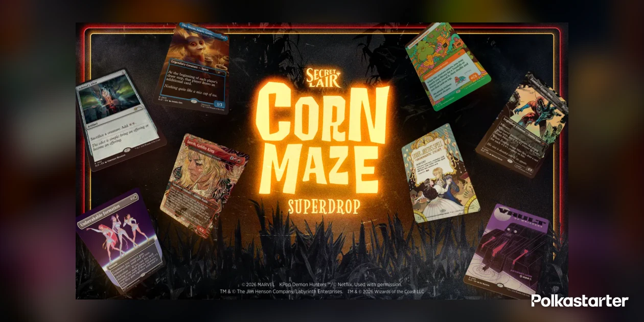 Secret Lair Corn Maze Superdrop key art with Jareth, Zombie Giant-Man and KPop Demon Hunters cards around a glowing corn maze logo