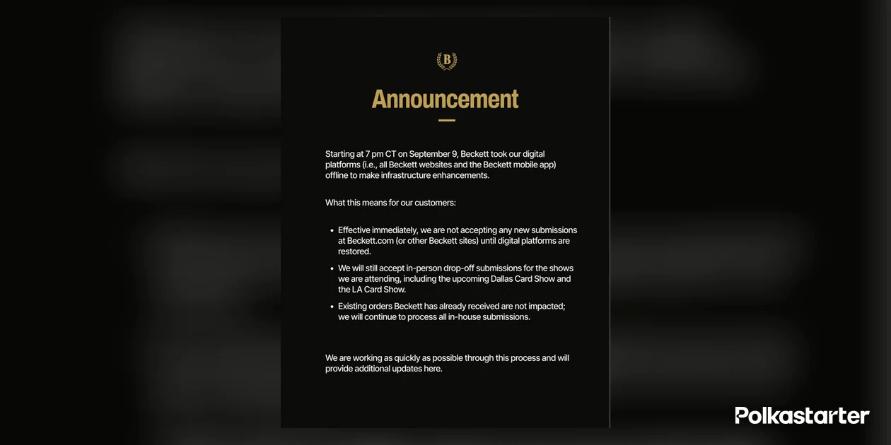 Beckett announcement graphic saying its websites and mobile app went offline at 7 p.m. CT on September 9 for infrastructure enhancements