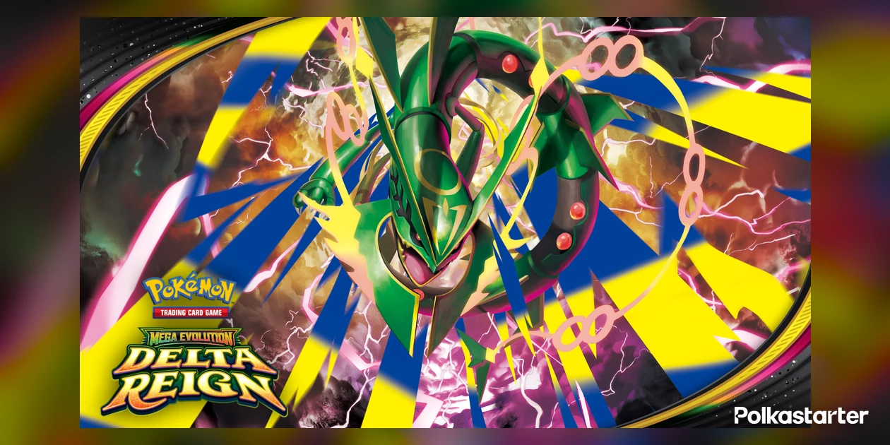 Mega Evolution Delta Reign key art showing Mega Rayquaza over a lightning storm with the Delta Reign logo