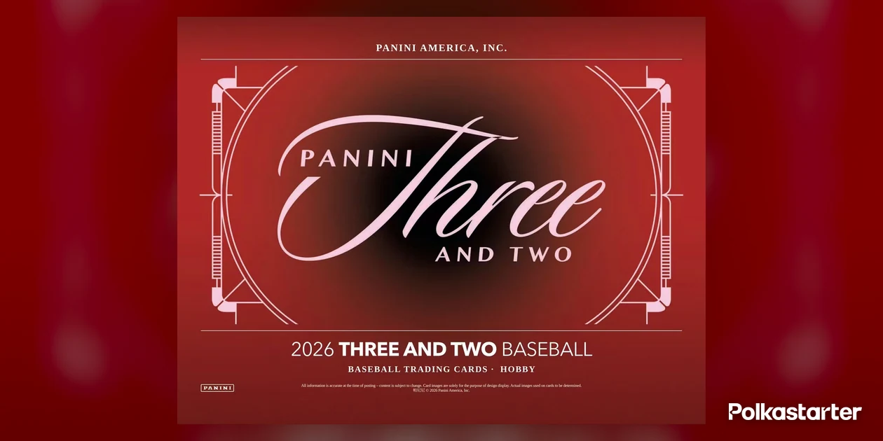 2026 Panini Three and Two Baseball hobby box art in red with a pink script logo