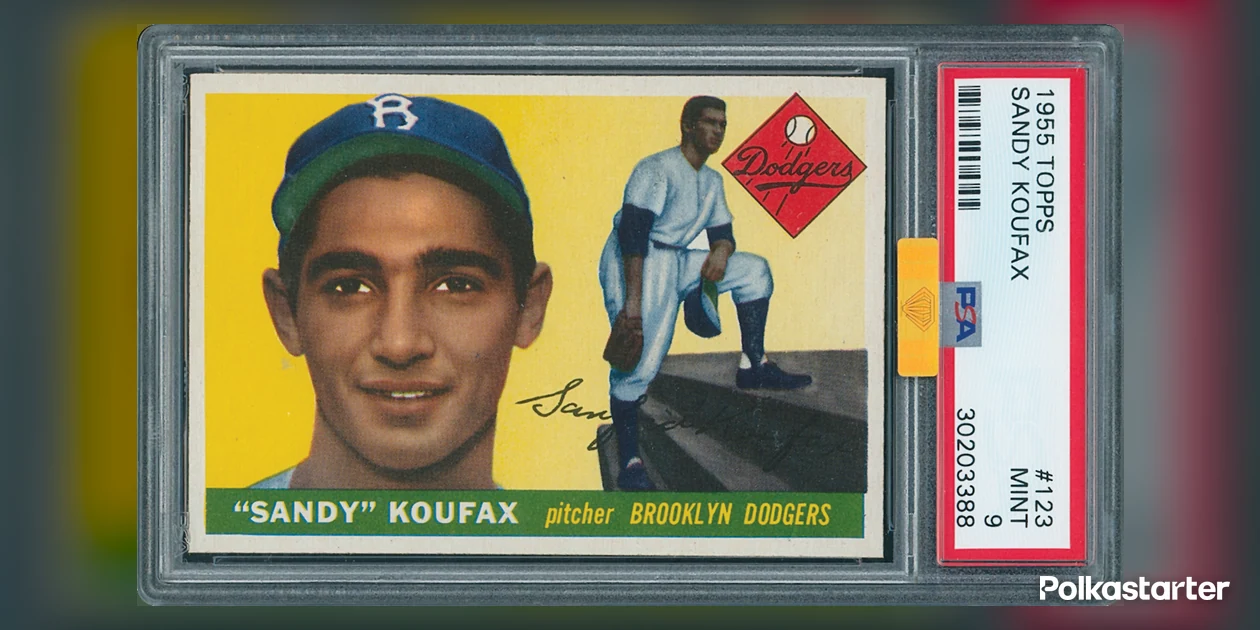 1955 Topps #123 Sandy Koufax rookie card in a PSA Mint 9 holder with a gold MBA sticker