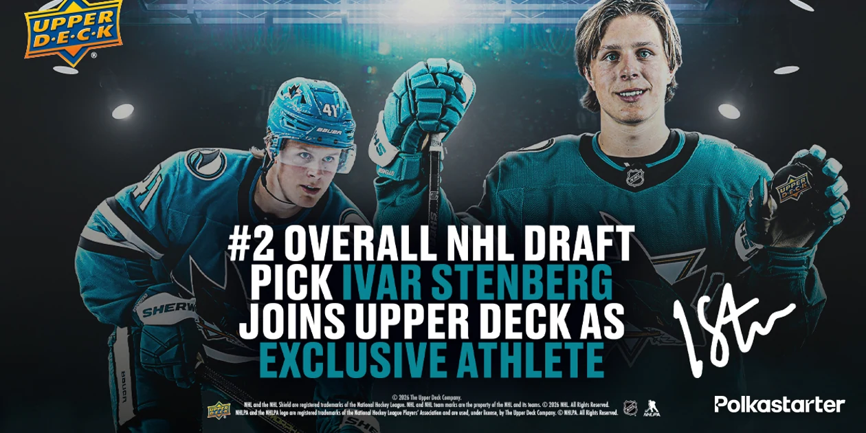 Upper Deck graphic of Ivar Stenberg in a San Jose Sharks jersey announcing him as an exclusive athlete