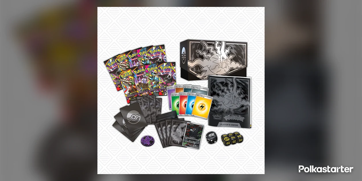 Contents of the Mega Evolution Pitch Black Elite Trainer Box laid out: nine booster packs, sleeves, Energy cards, dice, coin, player's guide and storage box