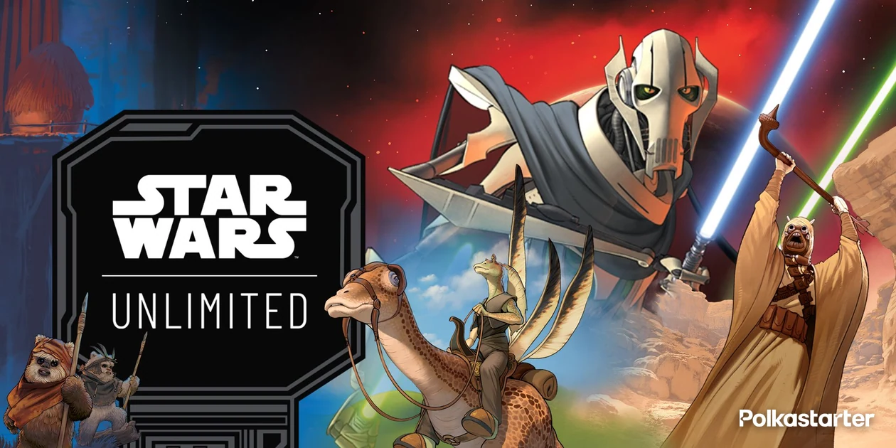 Star Wars: Unlimited Homeworlds key art with General Grievous, a Tusken Raider, a Gungan rider and Ewoks