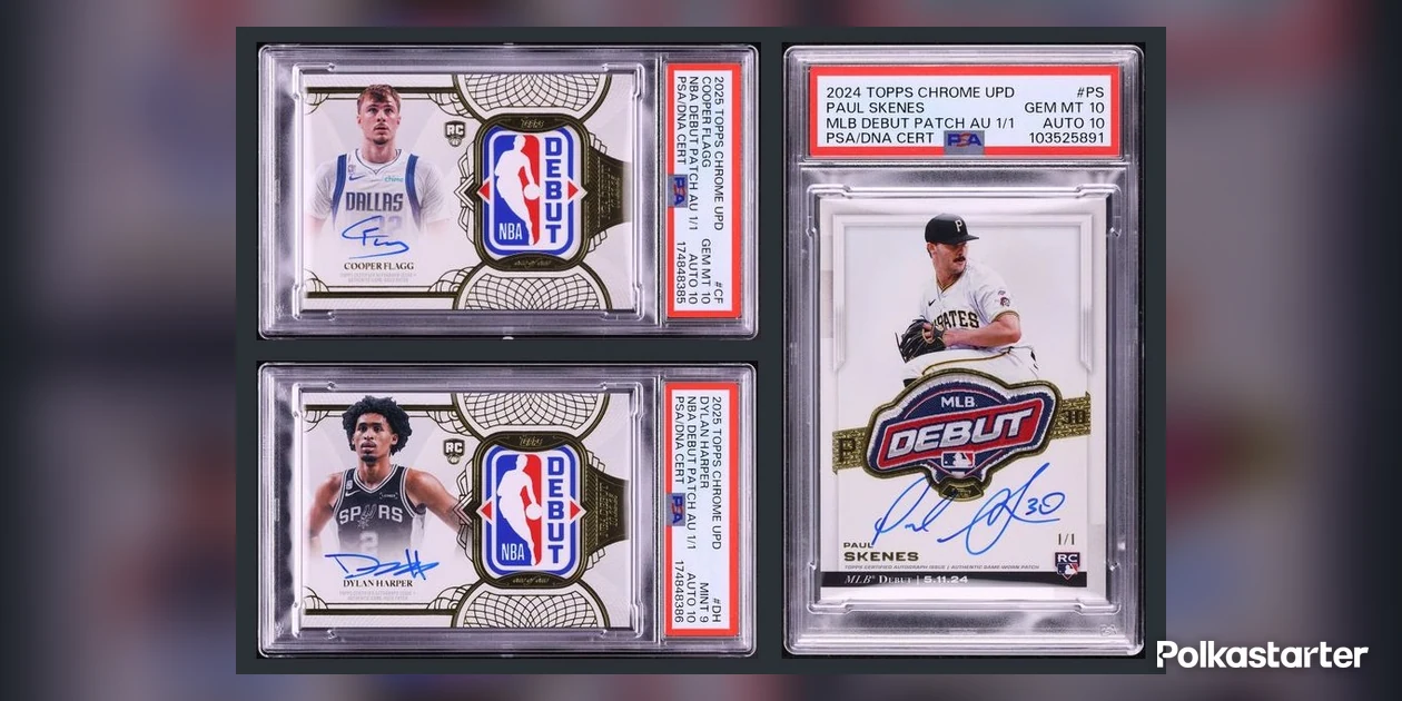 Cooper Flagg and Dylan Harper NBA Debut Patch Autograph cards and a Paul Skenes MLB Debut Patch Autograph card, all in PSA holders