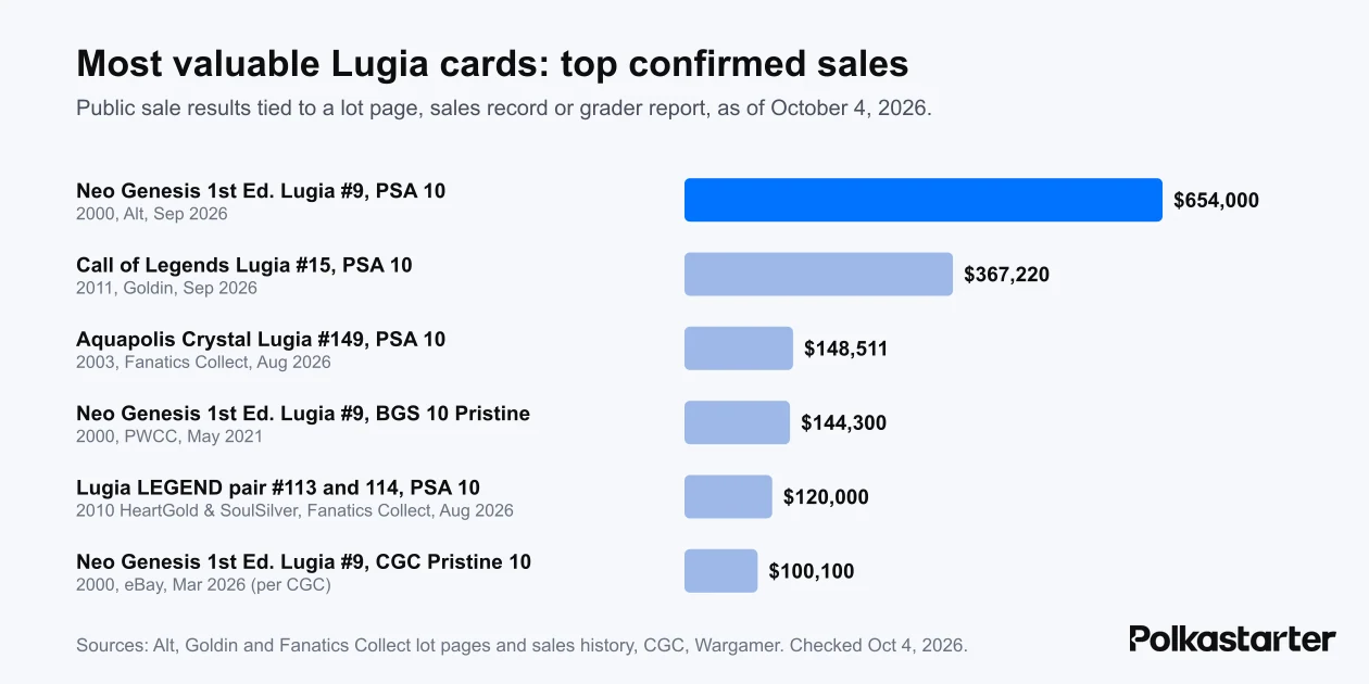 Bar chart of the most valuable Lugia card sales, led by the $654,000 PSA 10 1st Edition Neo Genesis Lugia and the $367,220 Call of Legends Lugia