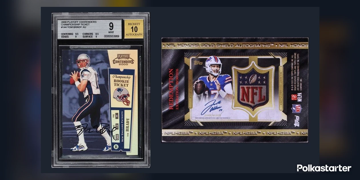 2000 Playoff Contenders Championship Ticket Tom Brady rookie autograph in a BGS 9 holder next to the 2025 Topps Chrome Josh Allen MVP Gold Shield autograph redemption card