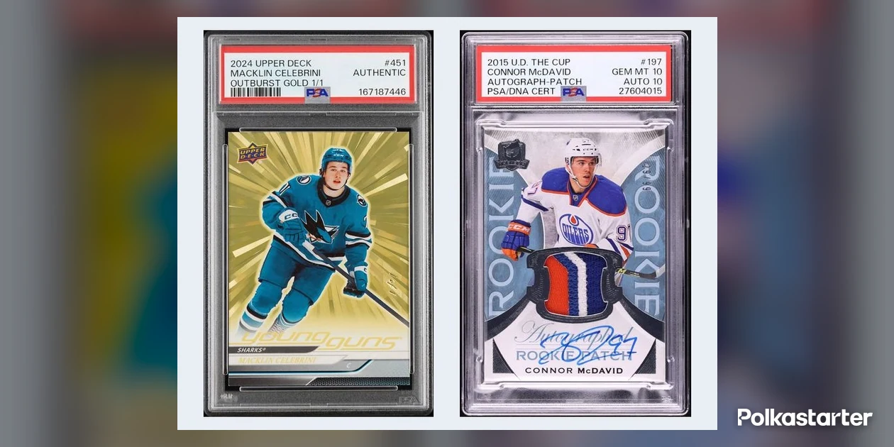 Macklin Celebrini 2024-25 Upper Deck Young Guns Outburst Gold 1/1 in a PSA holder next to a Connor McDavid 2015-16 The Cup rookie patch autograph in a PSA 10 holder