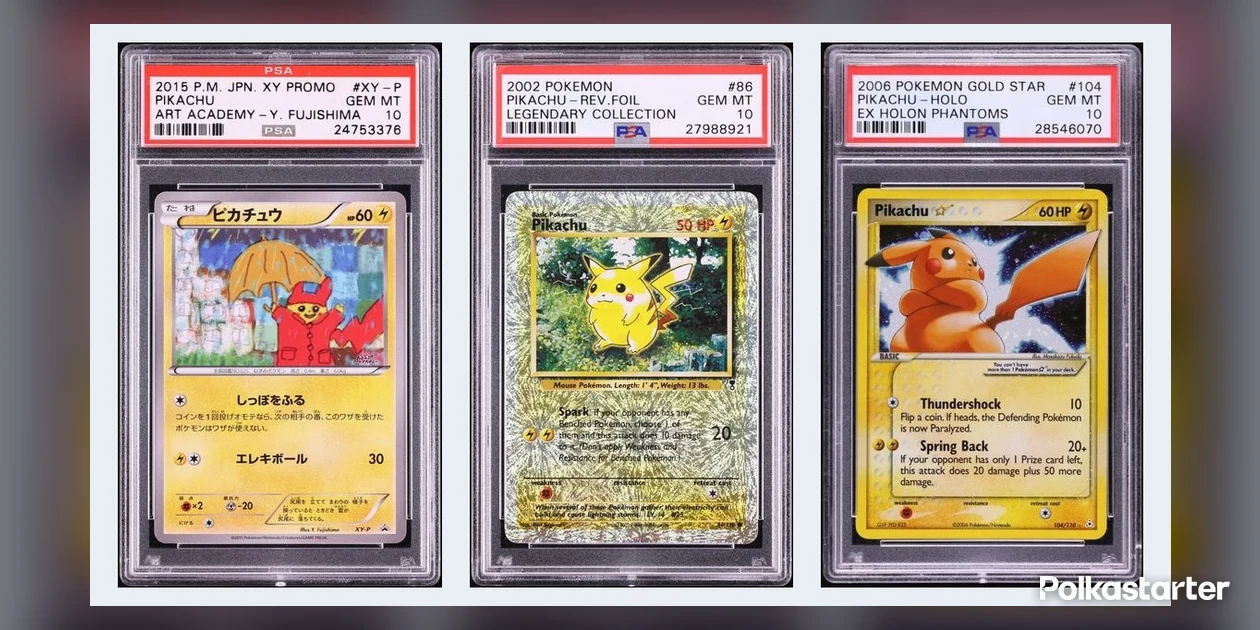 Three PSA 10 Pikachu cards: the Art Academy Raincoat Pikachu, the Legendary Collection reverse holo Pikachu and the Holon Phantoms Gold Star Pikachu