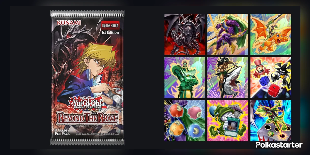 Yu-Gi-Oh! Beyond the Brave booster pack showing Joey Wheeler, beside a grid of artwork from Joey's new cards, including Red-Eyes Black Dragon Exceed