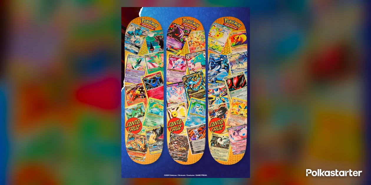 Three Santa Cruz x Pokémon TCG chase skate decks covered in collages of Pokémon cards