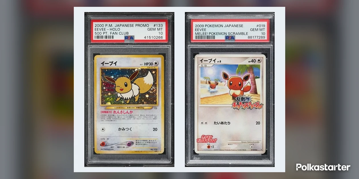 2000 Japanese 500 Pt. Fan Club Eevee and 2009 Japanese Melee! Pokémon Scramble Eevee, both in PSA 10 holders