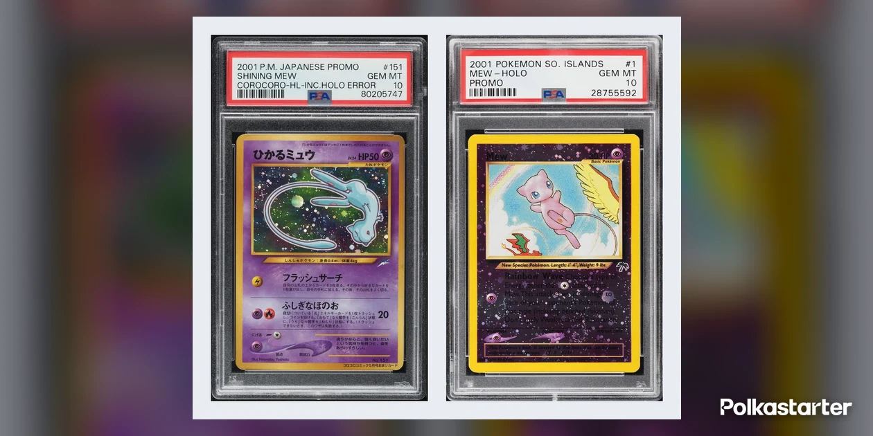 2001 Japanese CoroCoro Shining Mew holo error and 2001 Southern Islands Mew promo, both in PSA 10 holders