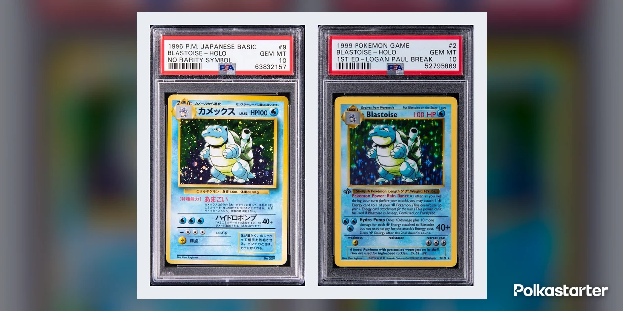 1996 Japanese Base Set No Rarity Symbol Blastoise and 1999 Base Set 1st Edition Blastoise, the right one with a Logan Paul Break label, both in PSA 10 holders