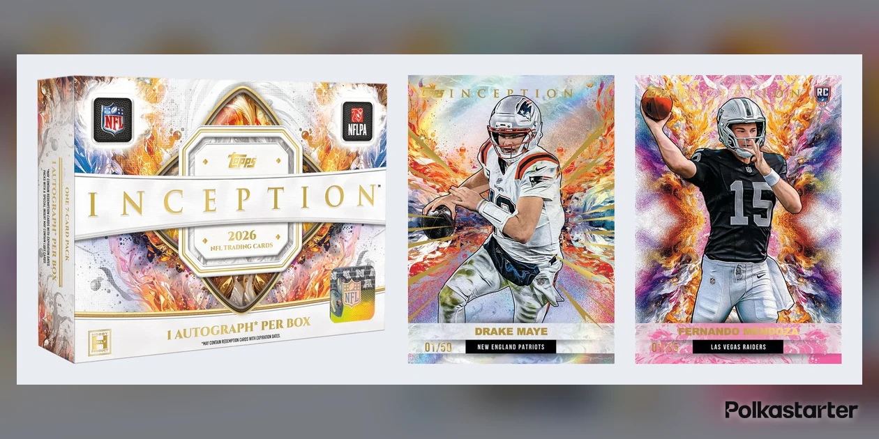 2026 Topps Inception Football hobby box next to a Drake Maye Gold Electricity parallel numbered to 50 and a Fernando Mendoza Hot Pink rookie parallel numbered to 35