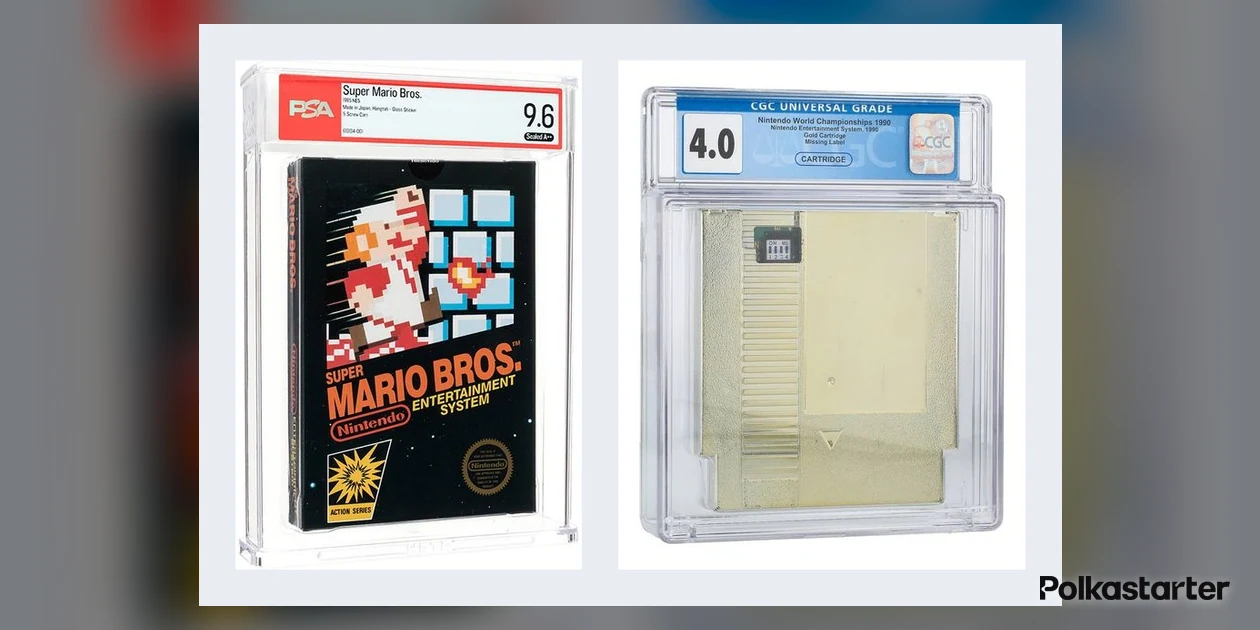 Sealed Super Mario Bros. for the NES in a PSA 9.6 A++ holder next to a gold Nintendo World Championships 1990 cartridge in a CGC 4.0 holder