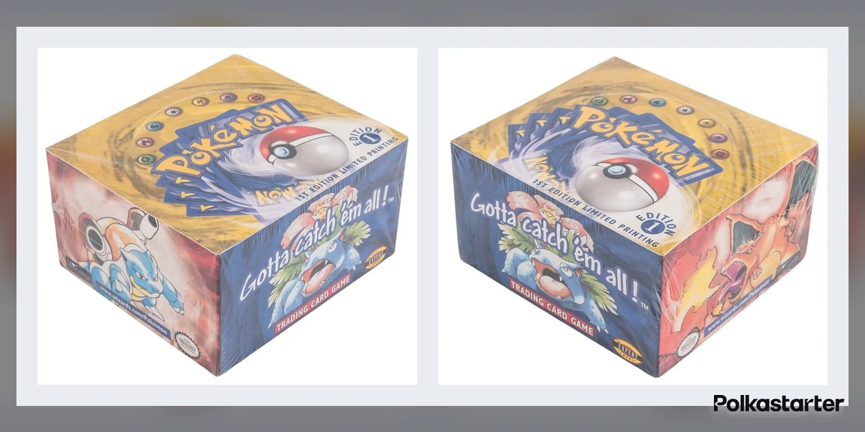 Two views of a factory-sealed 1999 Pokémon Base Set 1st Edition booster box in shrink wrap, with Blastoise, Venusaur and Charizard on the sides