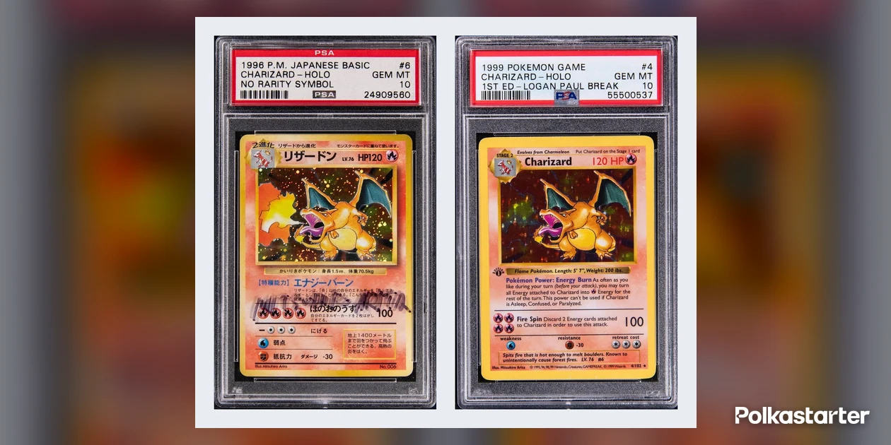 1996 Japanese Base Set No Rarity Symbol Charizard in a PSA 10 holder with a signed case, next to a 1999 Base Set 1st Edition Charizard in a PSA 10 holder with a Logan Paul Break label