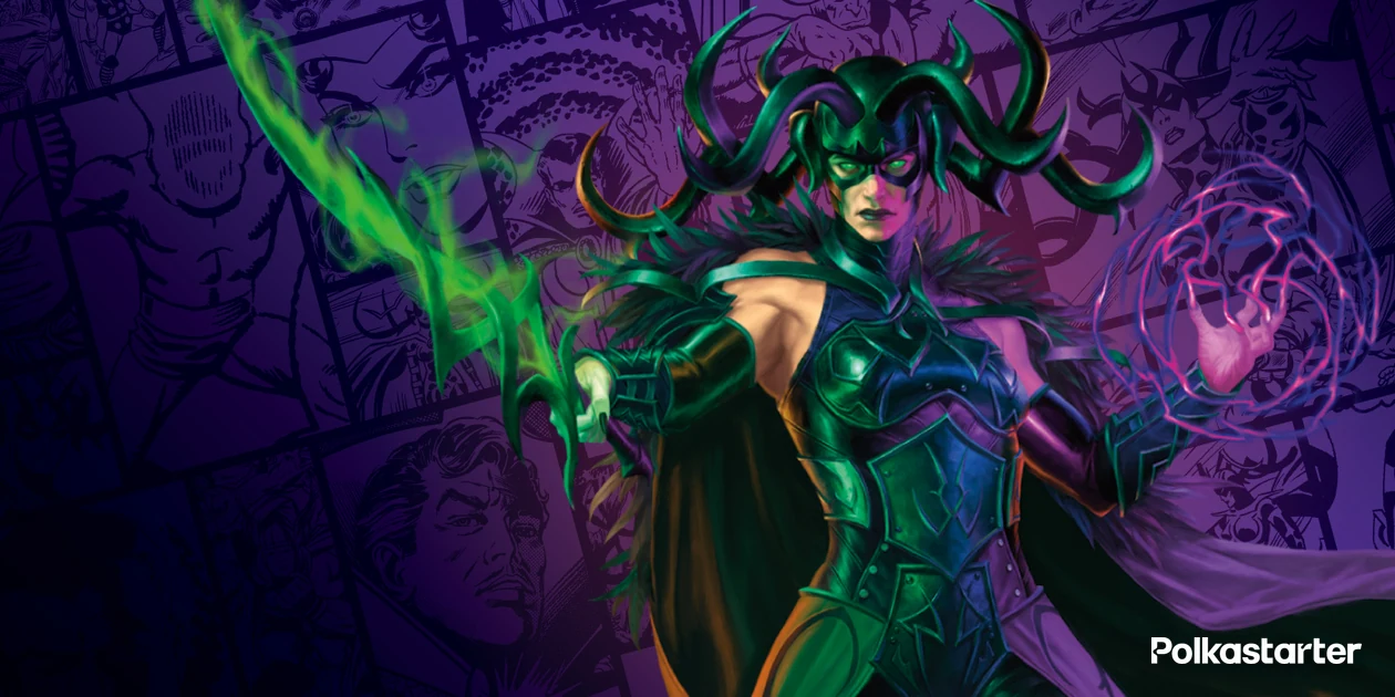 Official Magic: The Gathering Marvel Darkhold Destiny key art showing Hela with a green sword and a magenta spell over comic panel artwork