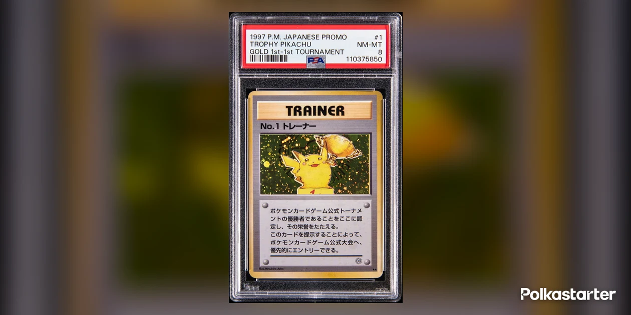 1997 Pokémon Japanese promo Gold 1st Place 1st Tournament Trophy Pikachu No. 1 Trainer card in a PSA NM-MT 8 holder