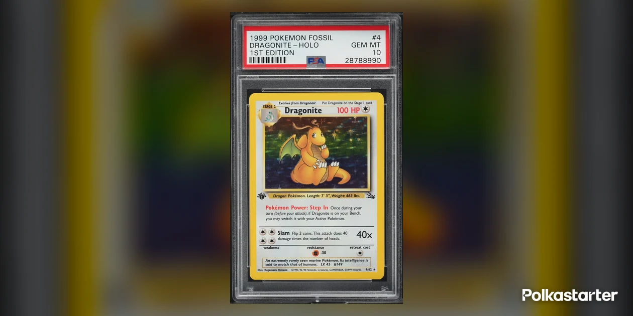 1999 Pokémon Fossil 1st Edition holo Dragonite number 4 in a PSA Gem Mint 10 holder