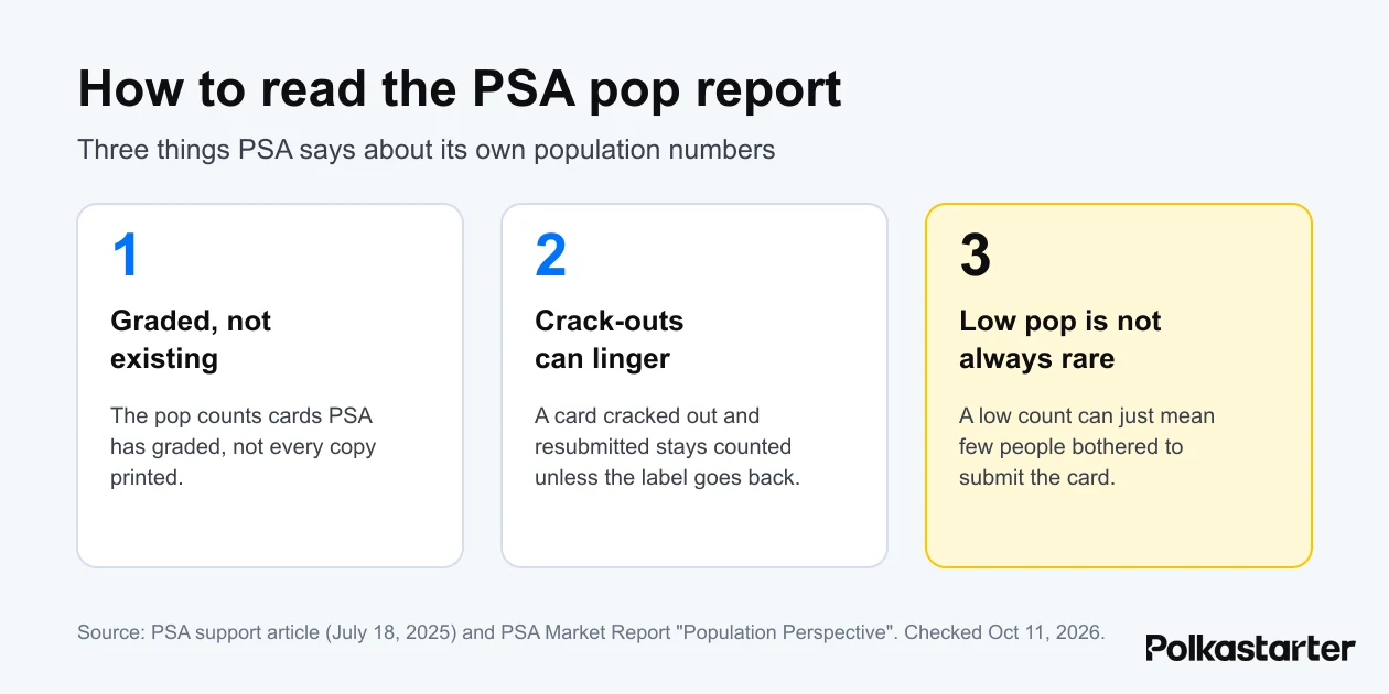 Graphic with three rules for reading the PSA pop report: it counts graded cards not existing ones, crack-outs can stay counted, and low pop is not always rare