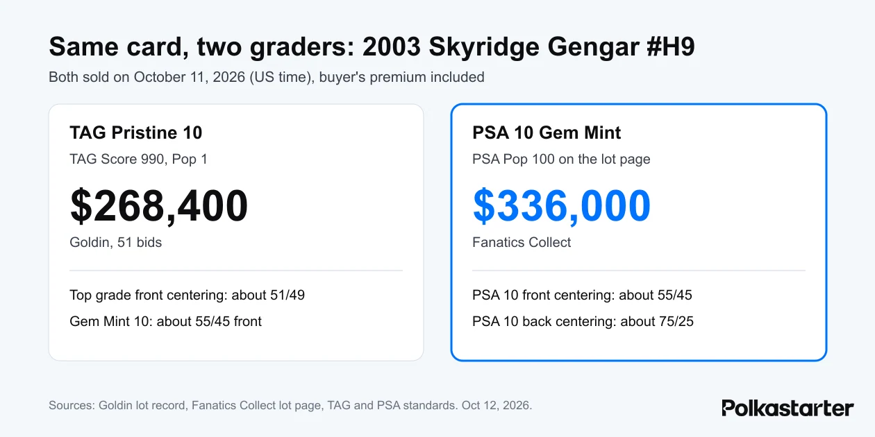 Comparison graphic of a TAG Pristine 10 and a PSA 10 Skyridge Gengar sold in October 2026, with TAG and PSA centering limits
