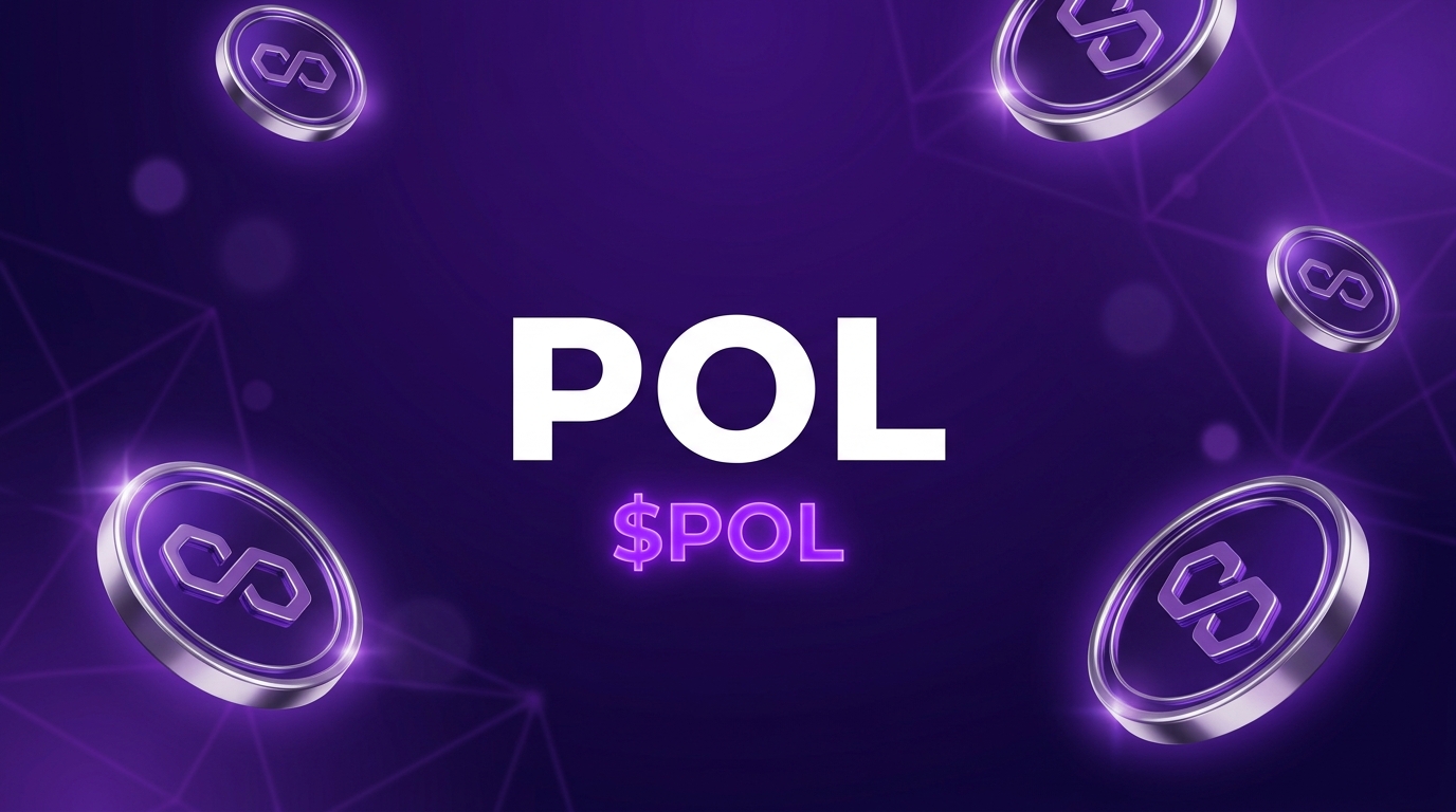 POL ($POL) token cover card for a guide to spending POL in 2026, showing glossy 3D POL coins over a gradient background