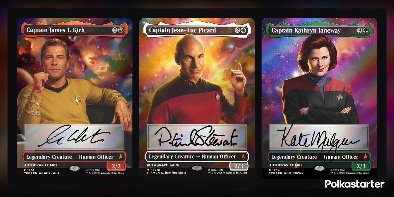 Digital renderings of the signed Captain James T. Kirk, Captain Jean-Luc Picard and Captain Kathryn Janeway headliner cards