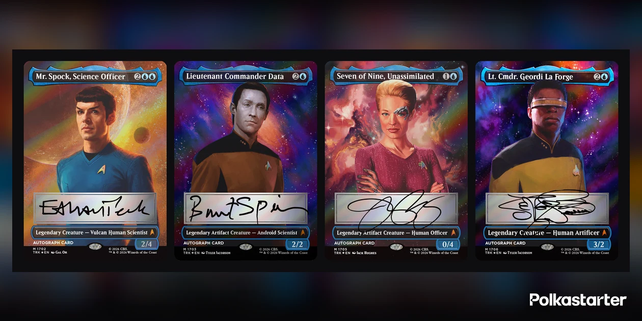 Digital renderings of the signed Mr. Spock, Lieutenant Commander Data, Seven of Nine and Geordi La Forge headliner cards