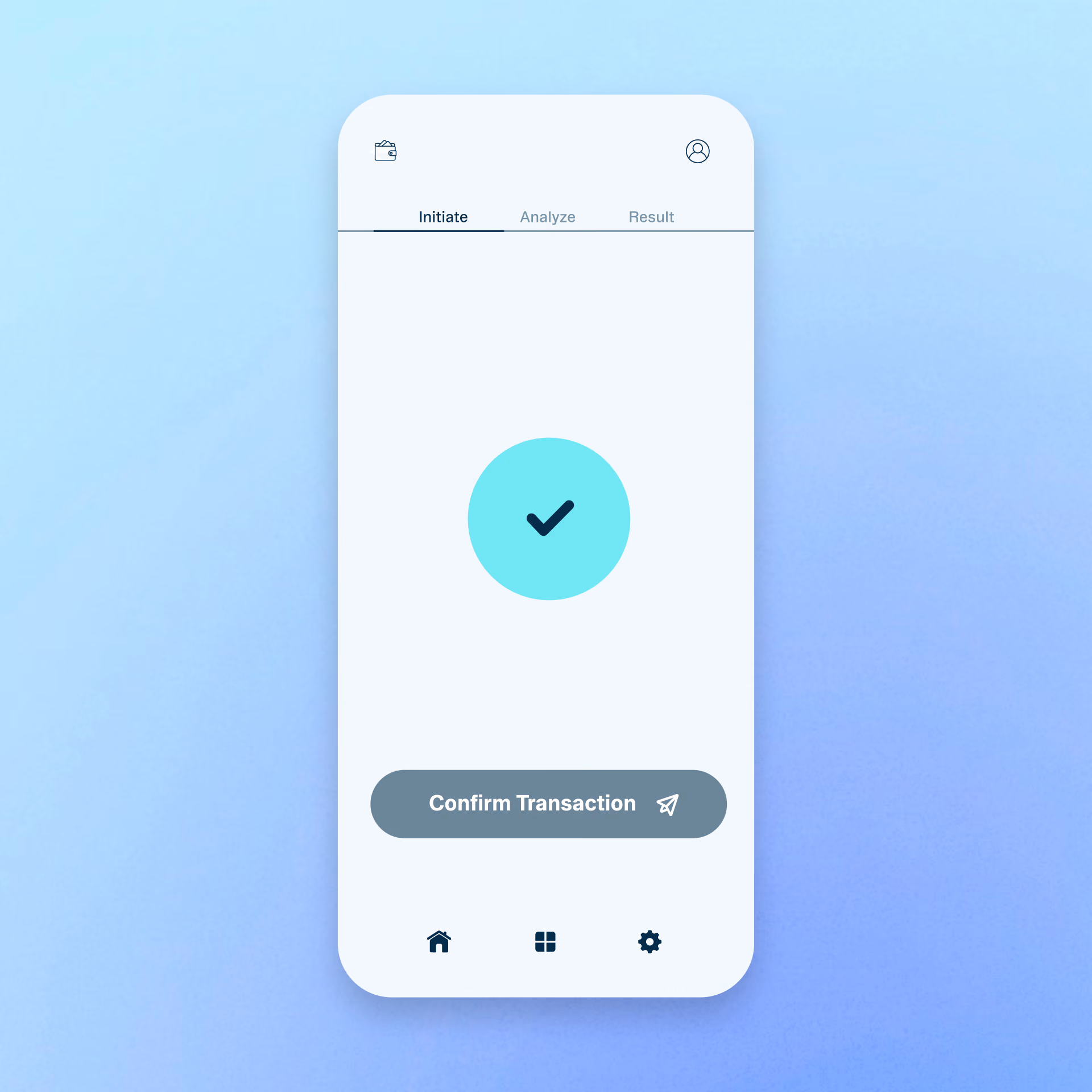 Mobile screen showing a checkmark and a button labeled Confirm Transaction with navigation icons below.
