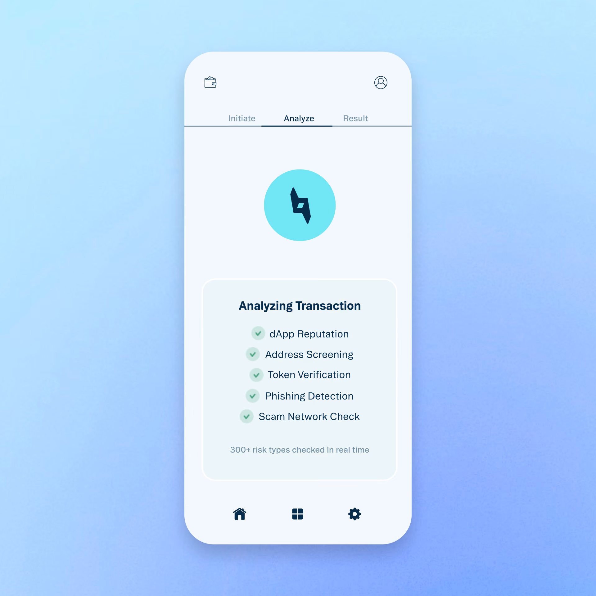 Mobile screen showing transaction analysis with checks for dApp reputation, address, token, phishing, and scam network.