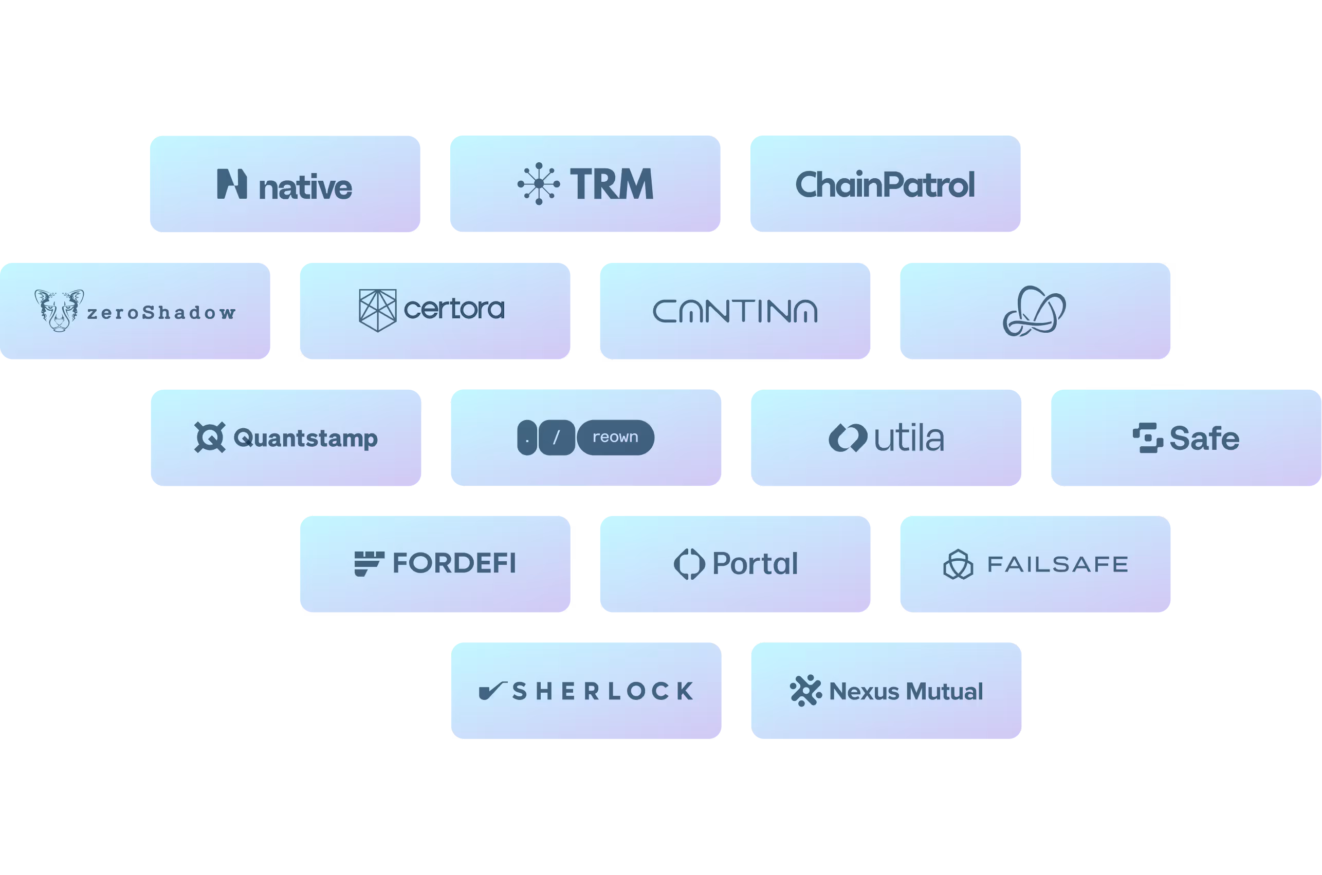 Grid of logos for partners including Native, TRM, ChainPatrol, zeroShadow, certora, Cantina, and others.