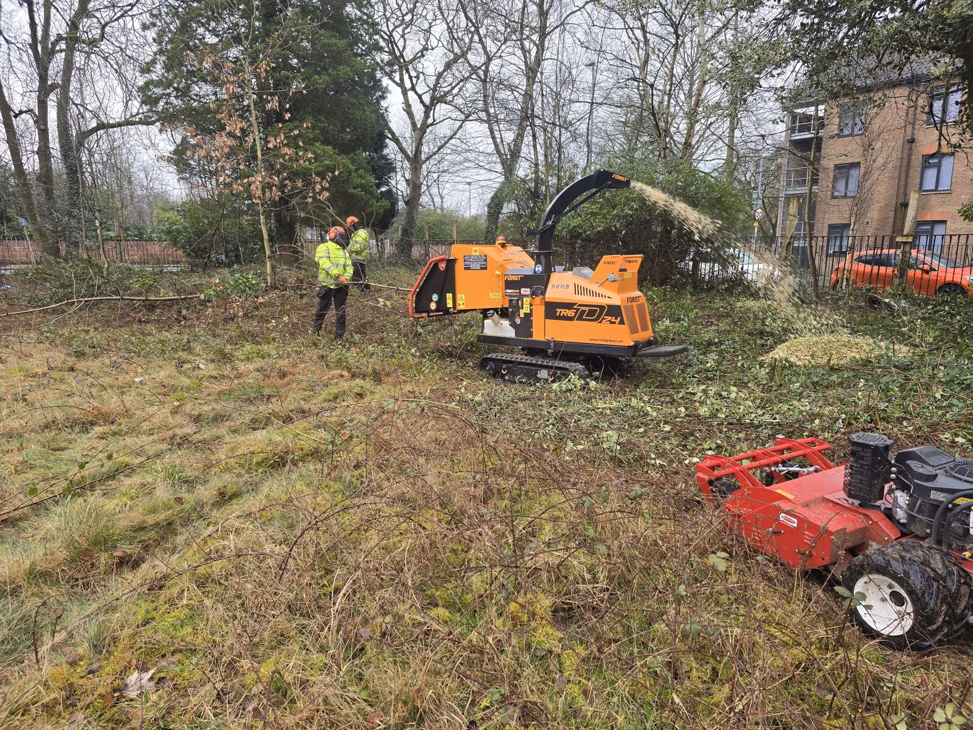 Two workers in safety gear operating orange wood chipper in a wooded area near a building.