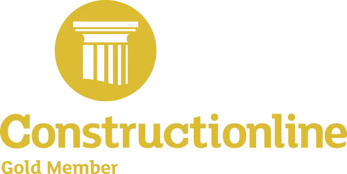 Constructionline gold member logo with a golden column icon and text on a transparent background.