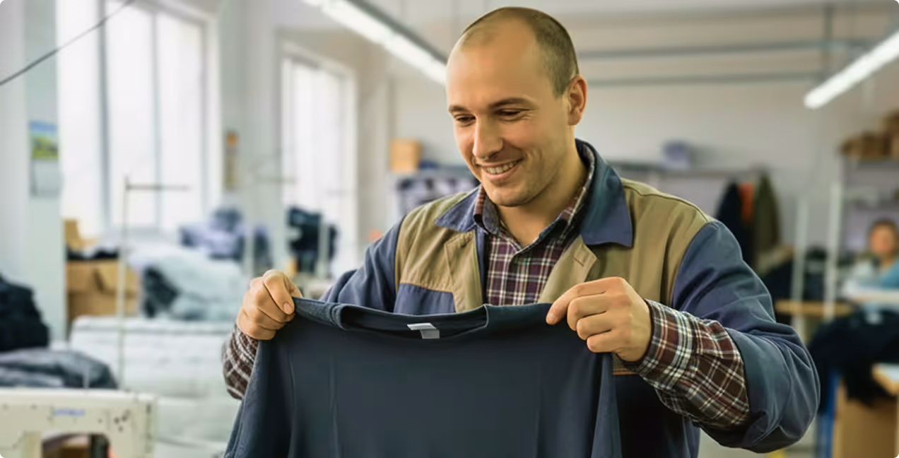 Smiling man holding and inspecting a dark-colored shirt in a bright garment factory.