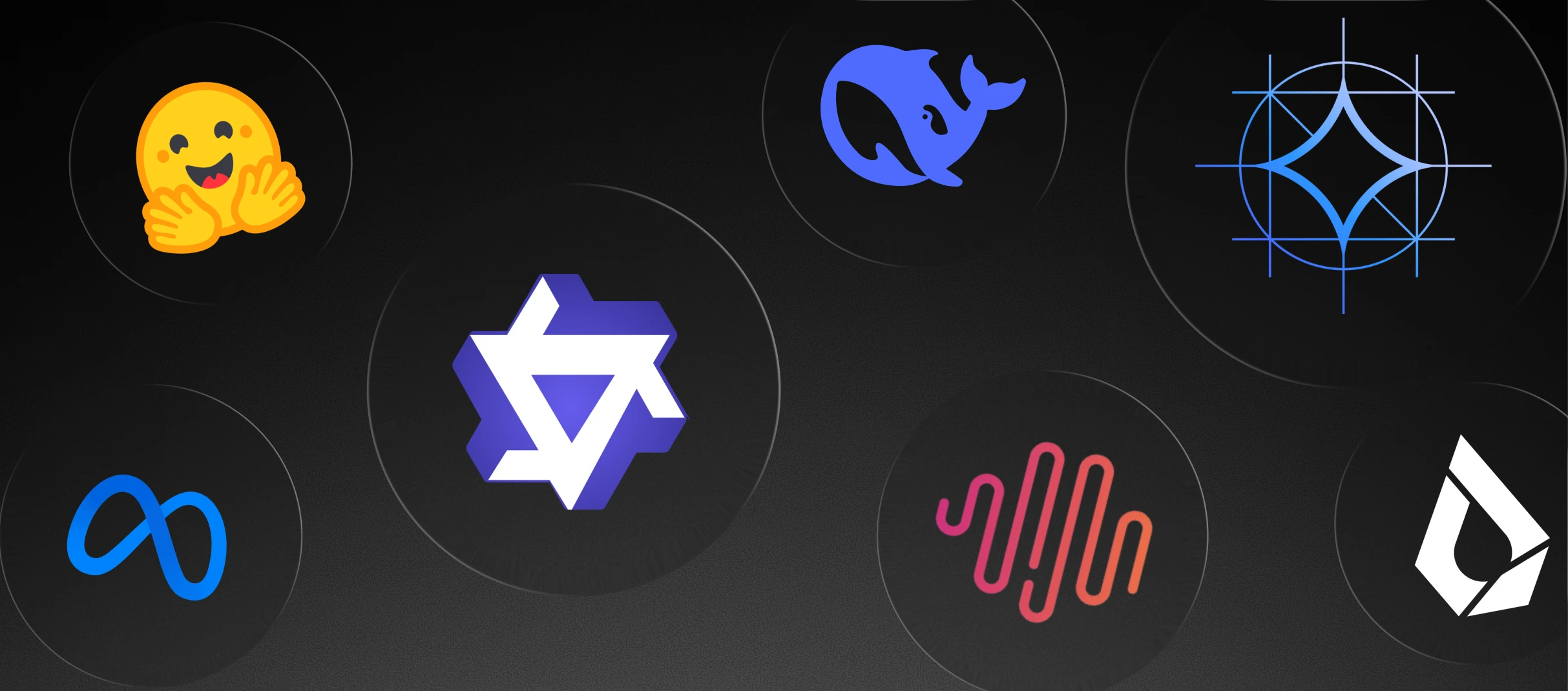 Dark background collage of eight AI/tech tool logos arranged in circular bubbles: a blue geometric star (likely Gemini or similar), Meta's infinity logo, a "K" with blue dot (Klaviyo), a 3D purple geometric shape (likely a framework logo), a blue whale (likely Hugging Face or Docker), a pink audio waveform, a yellow ghost/blob emoji character, and a white diamond/drop shape logo.
