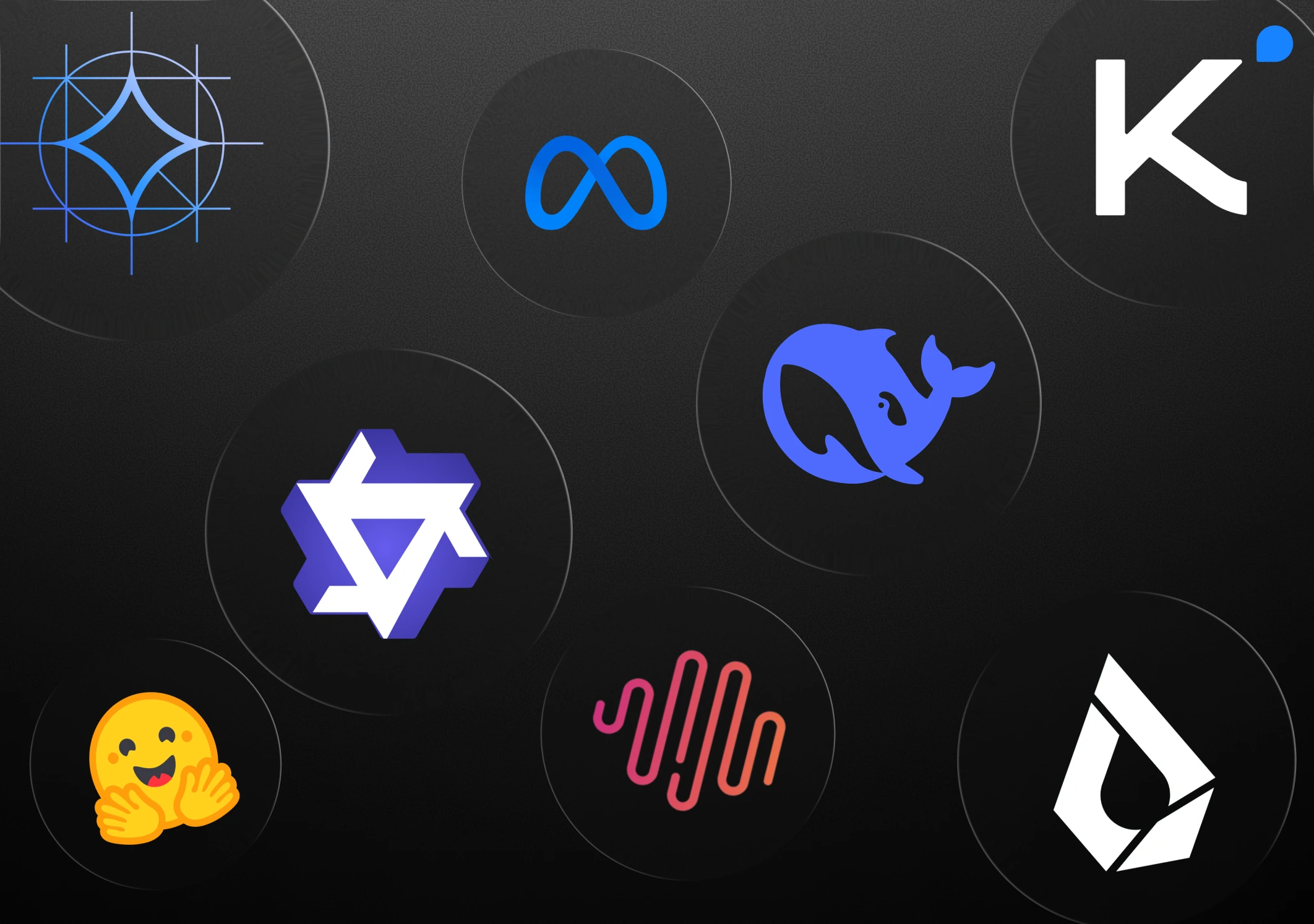 Dark background collage of eight AI/tech tool logos arranged in circular bubbles: a blue geometric star (likely Gemini or similar), Meta's infinity logo, a "K" with blue dot (Klaviyo), a 3D purple geometric shape (likely a framework logo), a blue whale (likely Hugging Face or Docker), a pink audio waveform, a yellow ghost/blob emoji character, and a white diamond/drop shape logo.