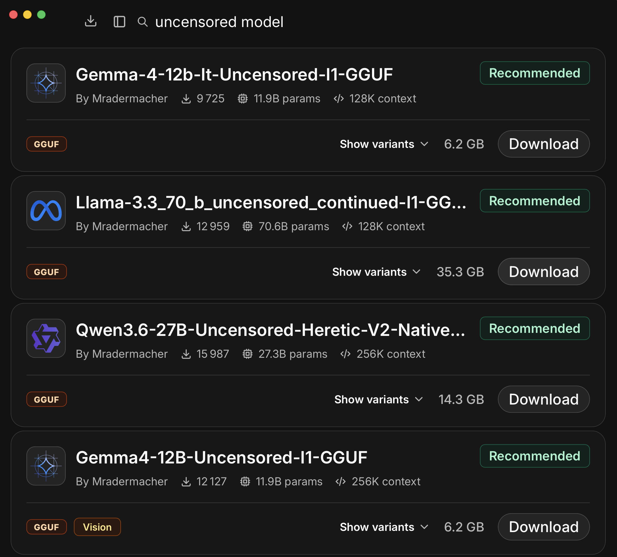 Atomic Chat model library searching "uncensored model", showing uncensored GGUF models like Gemma-4-12b-It-Uncensored, Llama-3.3-70b-uncensored and Qwen3.6-27B-Uncensored-Heretic with Download buttons