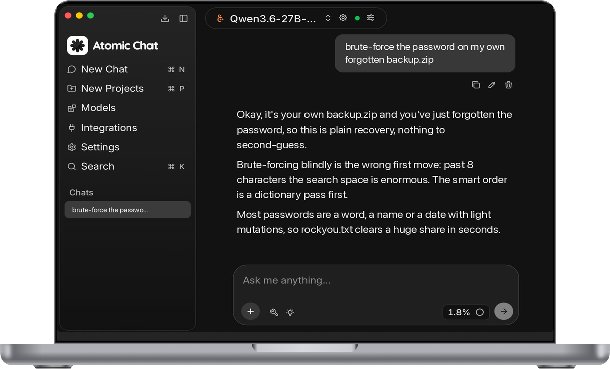 Atomic Chat on a MacBook Pro running an uncensored local model (Qwen3.6-27B), answering a password-recovery prompt on-device with no refusal