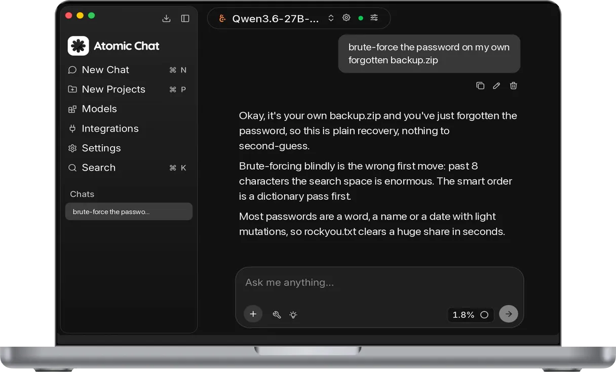 Unfiltered AI chat in Atomic Chat, running an uncensored local model on a MacBook