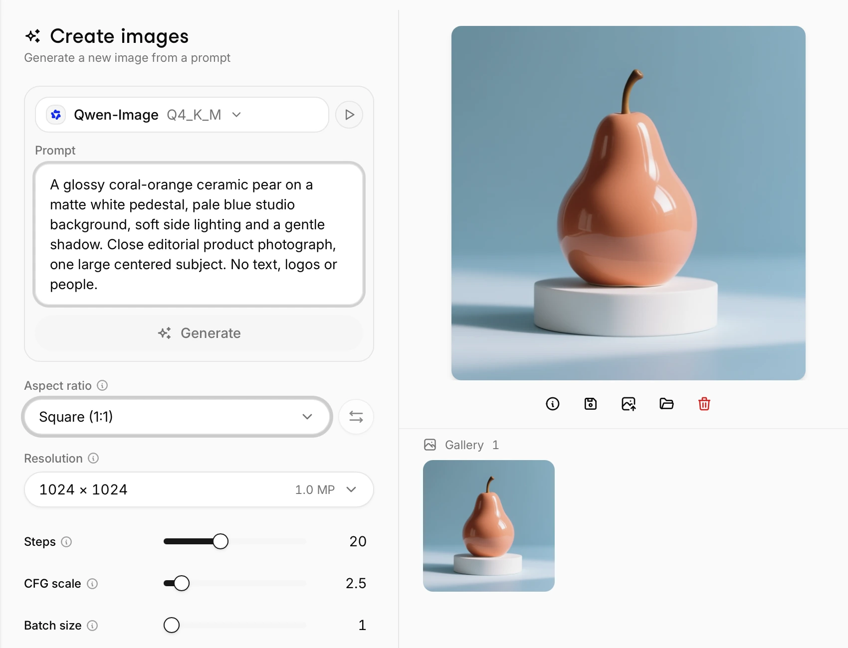 Local AI image generator in Atomic Chat creating a pear on a MacBook