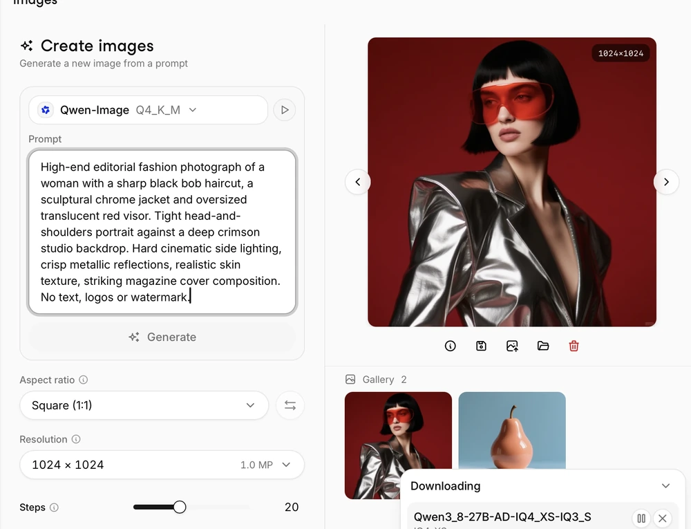 A written prompt and the complete generated fashion portrait in Atomic Chat